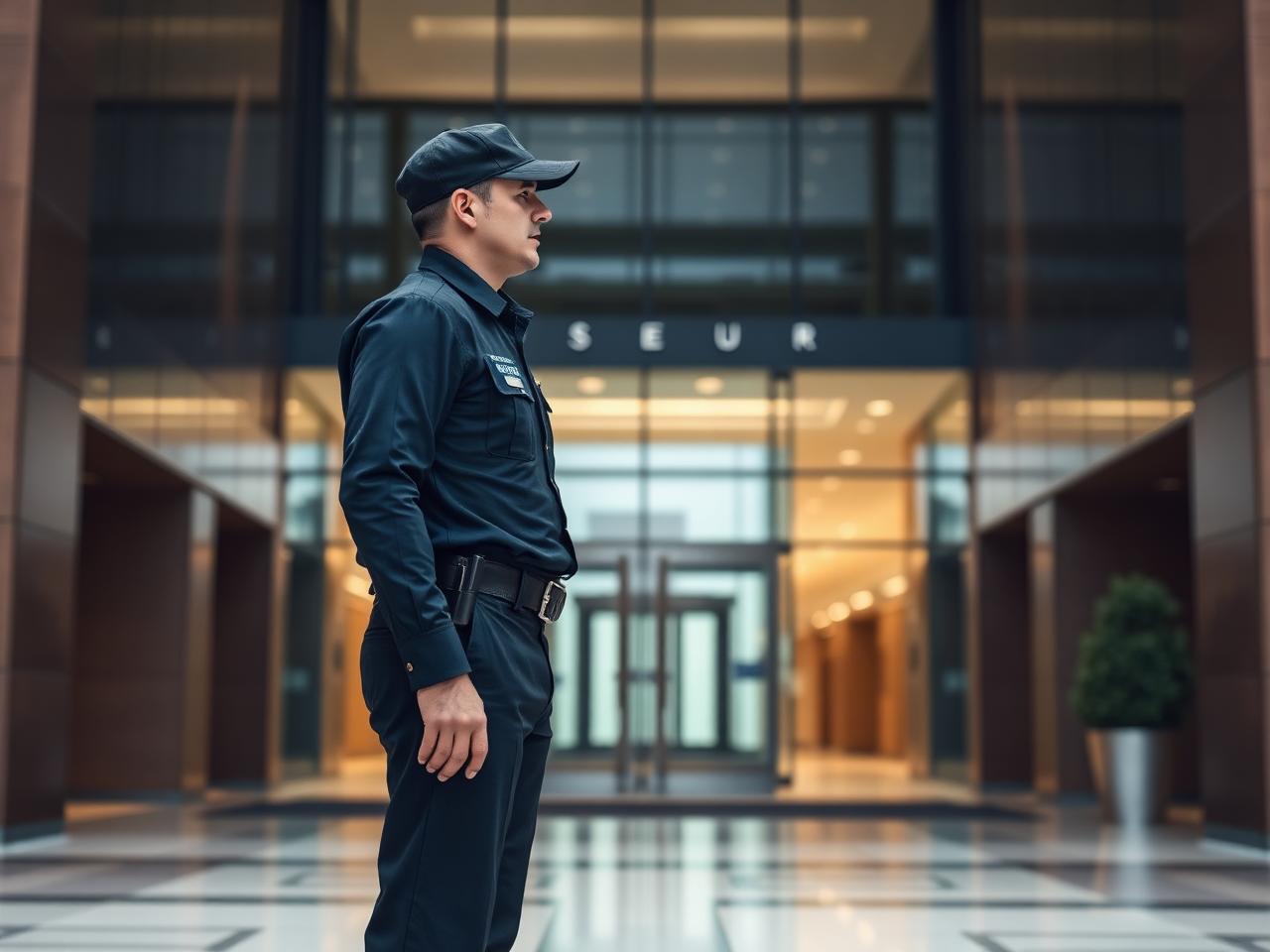 Licensed security professional in a corporate lobby